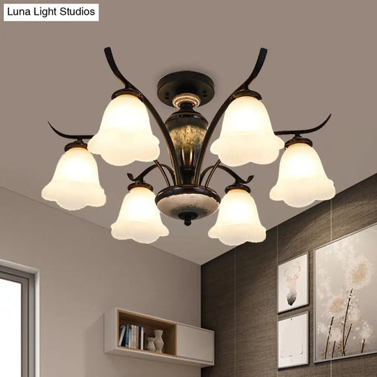 Black Country Flower Semi Flush Mount Ceiling Light With Opal Ribbed Glass - 3/6/8 Heads