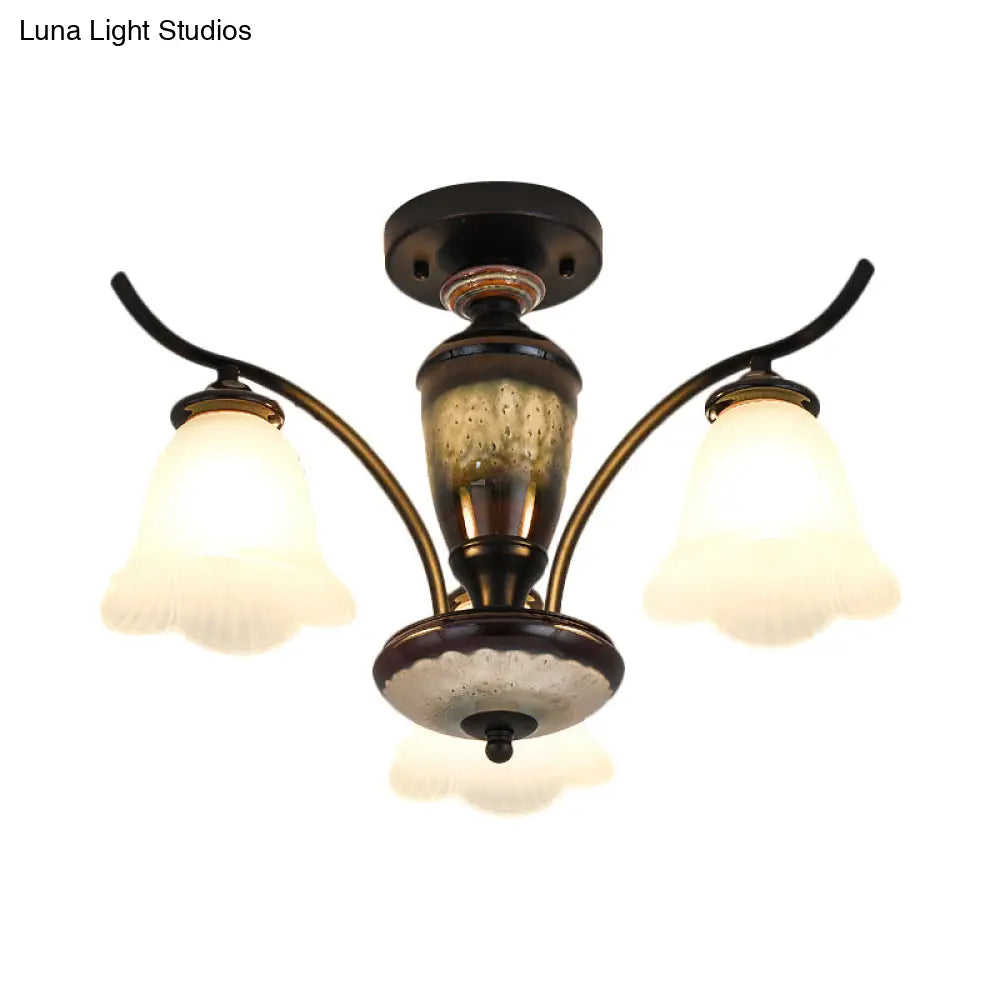 Black Country Flower Semi Flush Mount Ceiling Light With Opal Ribbed Glass - 3/6/8 Heads