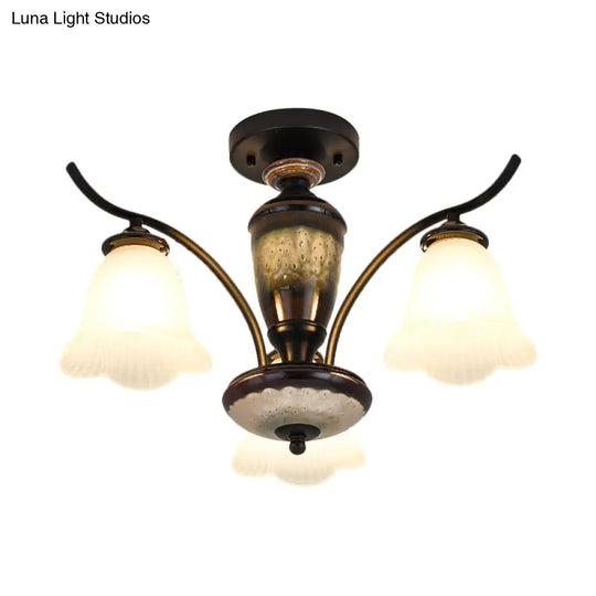 Black Country Flower Semi Flush Mount Ceiling Light With Opal Ribbed Glass - 3/6/8 Heads