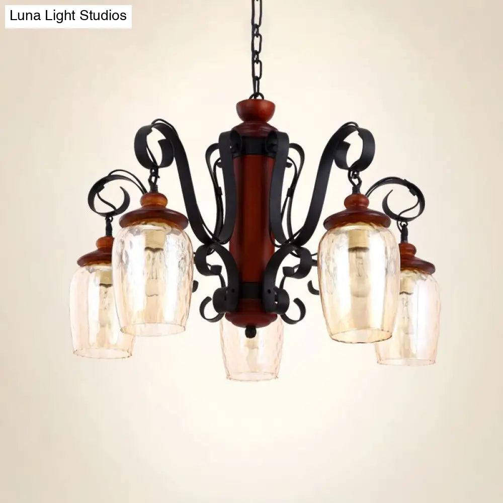 5-Light Cylinder Pendant Light With Metal Chain - Country Style Ceiling Suspension In Black