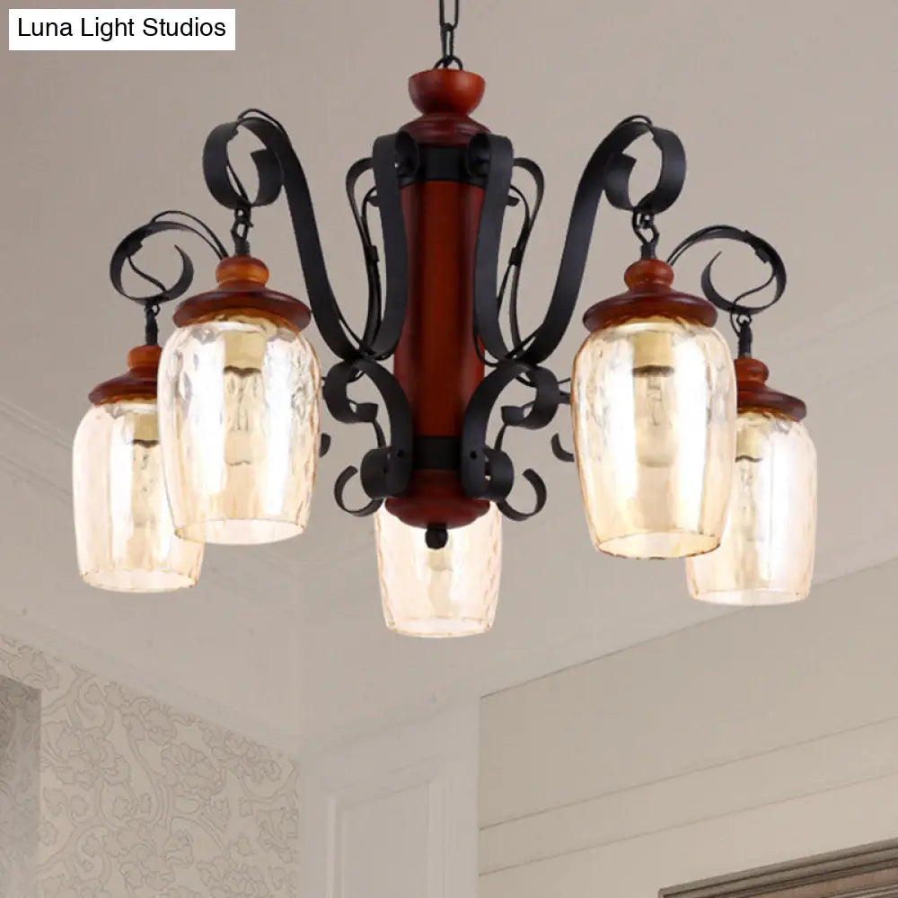 5-Light Cylinder Pendant Light With Metal Chain - Country Style Ceiling Suspension In Black