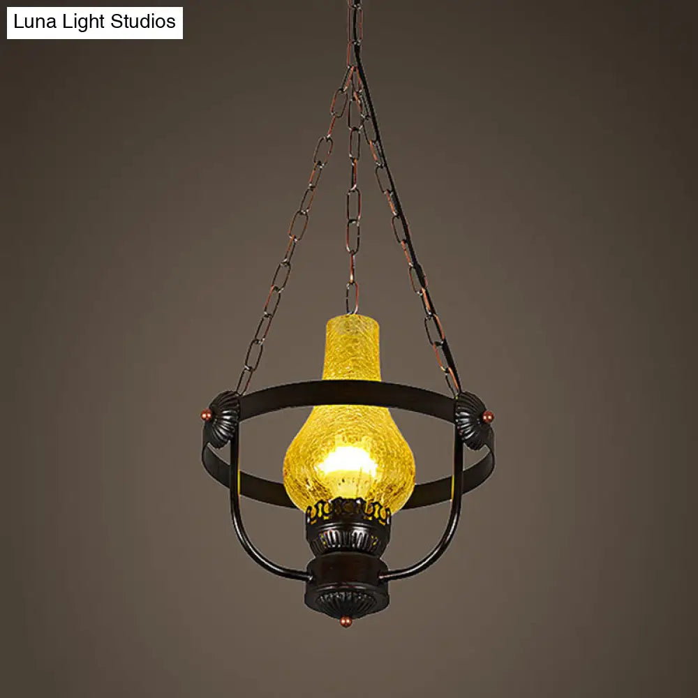 Black Crackle Glass Pendant Light With Metal Ring - Classic Vase Shade Hanging Lamp