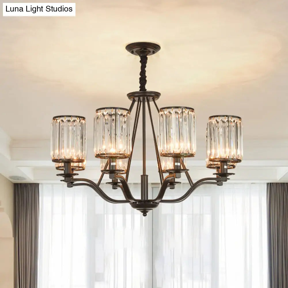 Black Crystal Beveled Pendant Light - Cylinder Chandelier For Living Room Ceiling Country Style