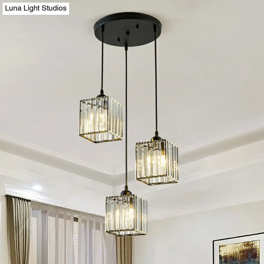 Black Crystal Block 3-Head Pendant Light - Modern Multi-Light Fixture For Dining Room Ceiling