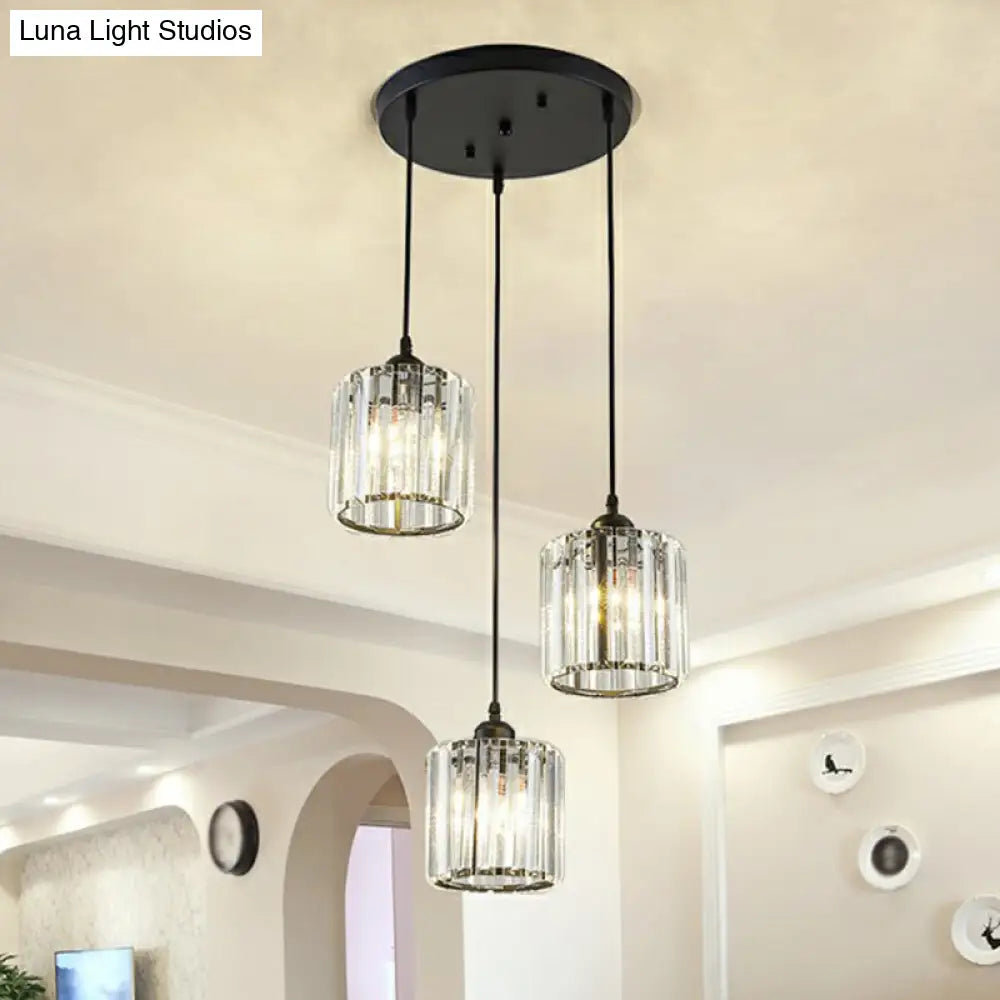 Modern Black Crystal Block Pendant With 3 Shaded Lights For Dining Room Ceiling