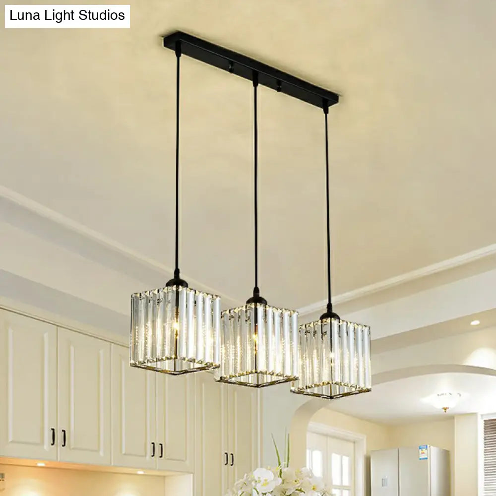 Black Crystal Block 3-Head Pendant Light - Modern Multi-Light Fixture For Dining Room Ceiling