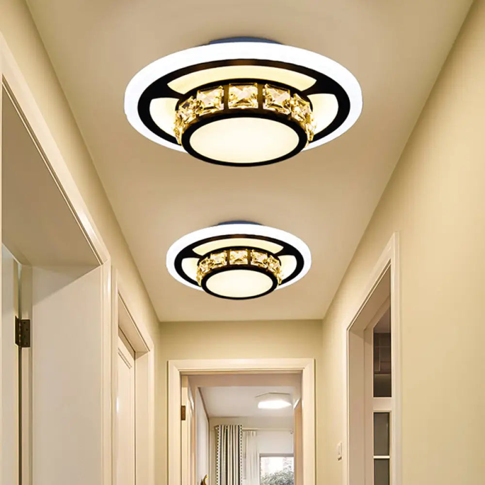 Black Crystal Block Led Flush Mount Ceiling Light For Doorway - Round/Square Simplicity / Round