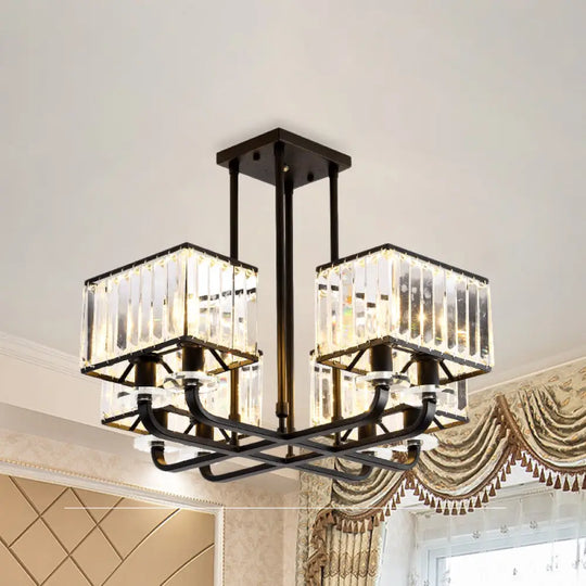 Black Crystal Block Semi Flush Mount Lighting With Minimalist Design - 6/8 Heads 8 /