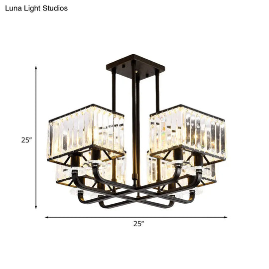 Black Crystal Block Semi Flush Mount Lighting With Minimalist Design - 6/8 Heads