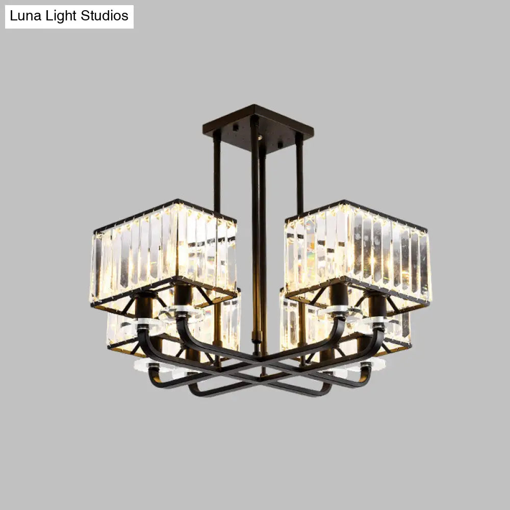 Black Crystal Block Semi Flush Mount Lighting With Minimalist Design - 6/8 Heads