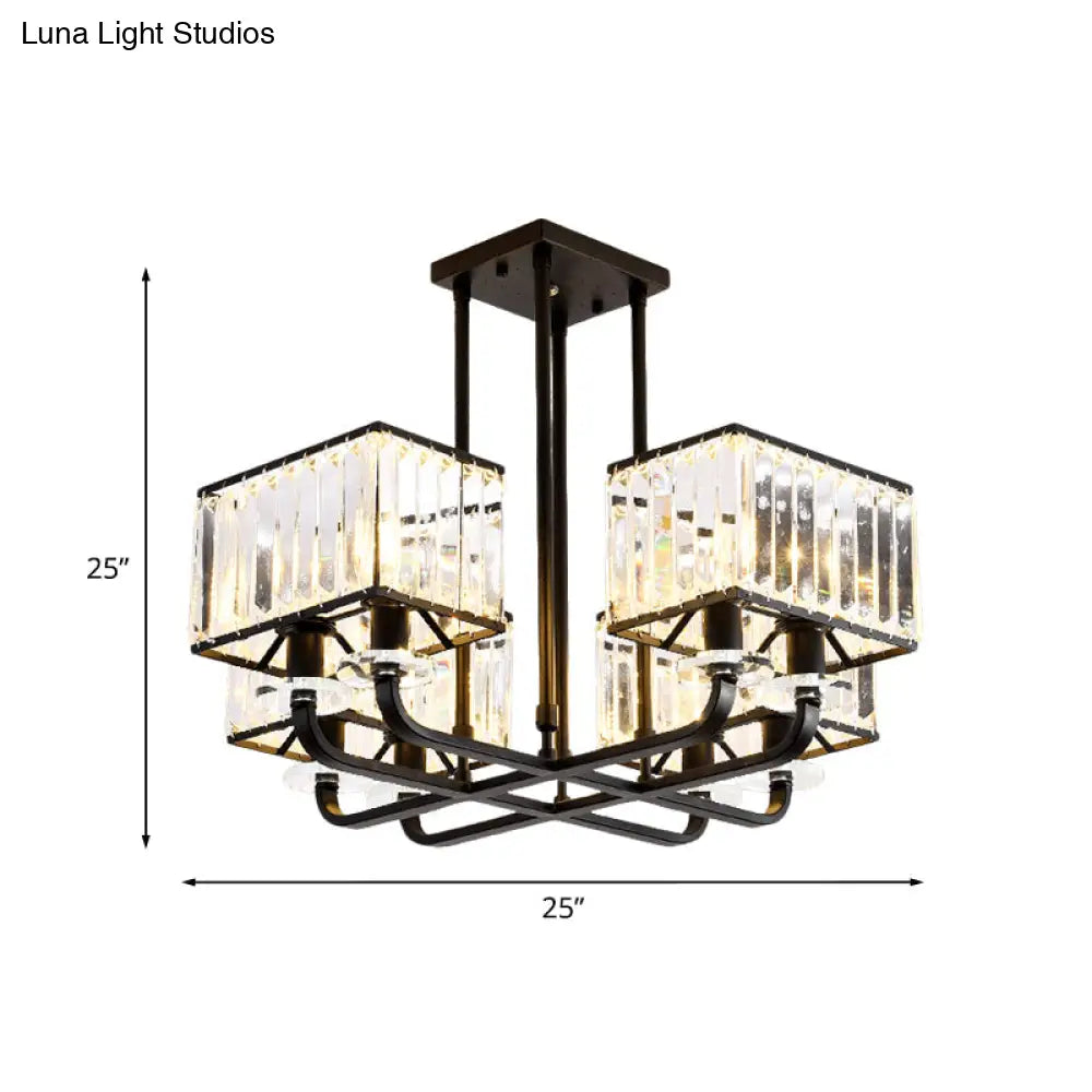 Black Crystal Block Semi Flush Mount Lighting With Minimalist Design - 6/8 Heads