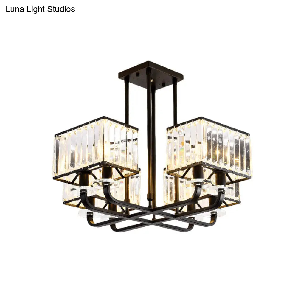 Black Crystal Block Semi Flush Mount Lighting With Minimalist Design - 6/8 Heads