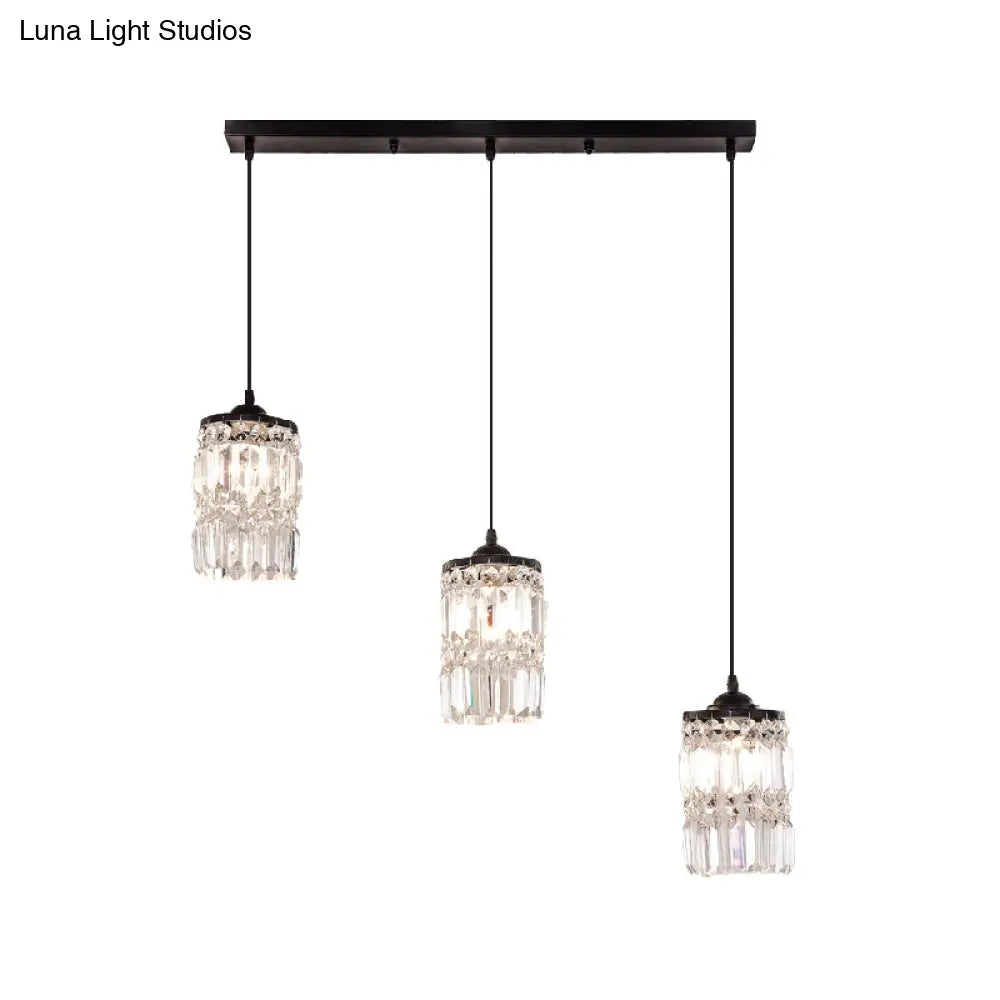 Black Crystal Cluster Pendant Light With 3 Cylinder Shades And Round/Linear Canopy