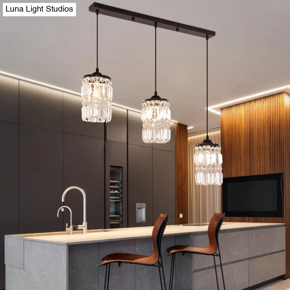 Black Crystal Cluster Pendant Light With 3 Cylinder Shades And Round/Linear Canopy