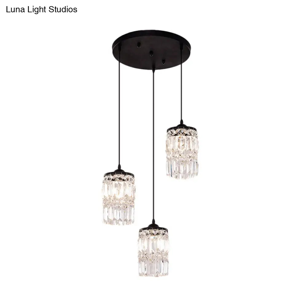 Black Crystal Cluster Pendant Light With 3 Cylinder Shades And Round/Linear Canopy