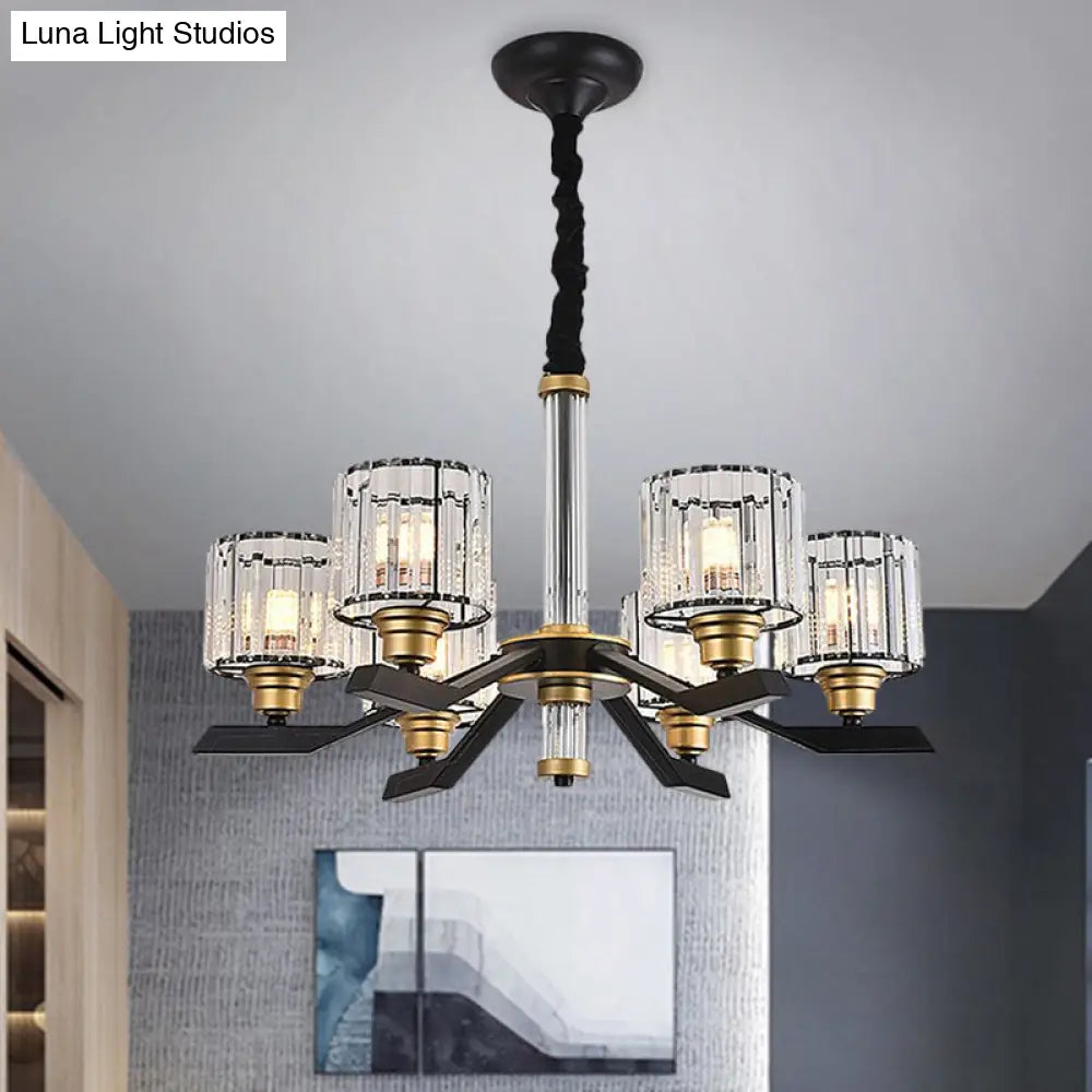 Modern Clear Crystal Pendant Chandelier With 6/8 Bulbs - Sleek Black Finish For Living Room Ceiling