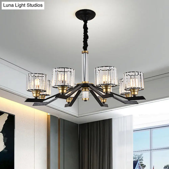 Modern Clear Crystal Pendant Chandelier With 6/8 Bulbs - Sleek Black Finish For Living Room Ceiling