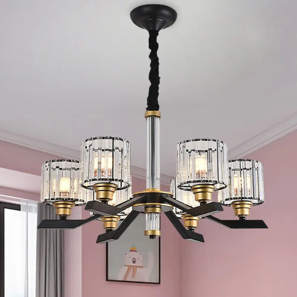 Black Crystal Cylinder Pendant Chandelier With 6/8 Bulbs For Living Room Ceiling – Simple Stylish