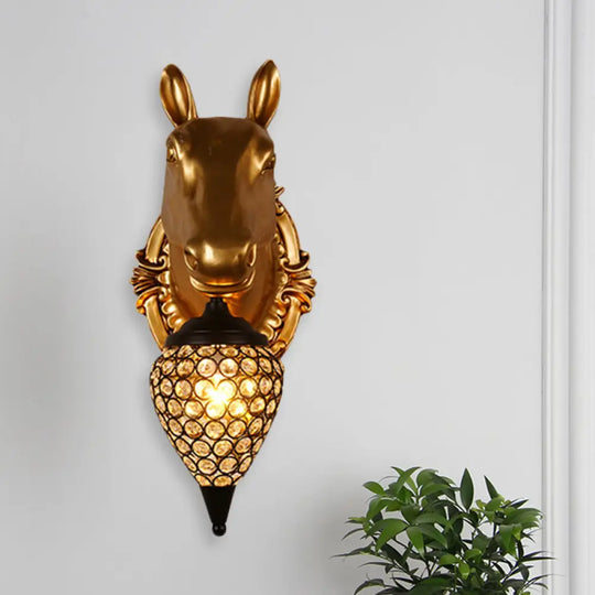 Black Crystal Metal Animal Wall Sconce With Hollow Cone Shade / Horse