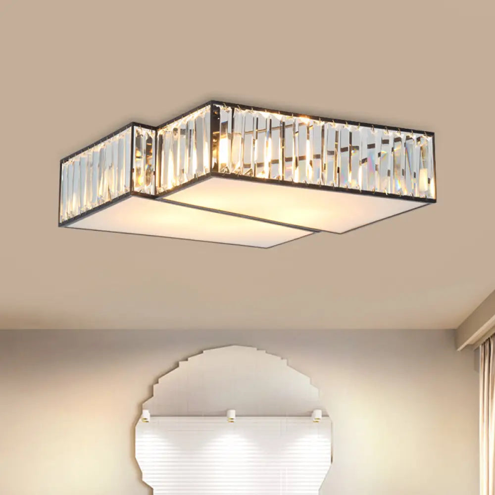 Black Crystal Rectangle Flushmount Ceiling Light Fixture - Contemporary With 4 Geometric Bulbs