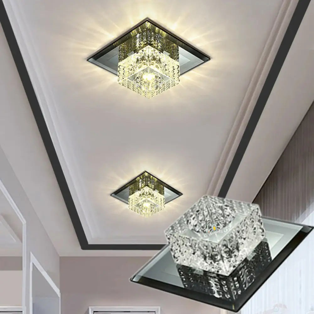 Black Crystal Square Led Flush Mount Ceiling Light For Foyer / 5.5’ Warm