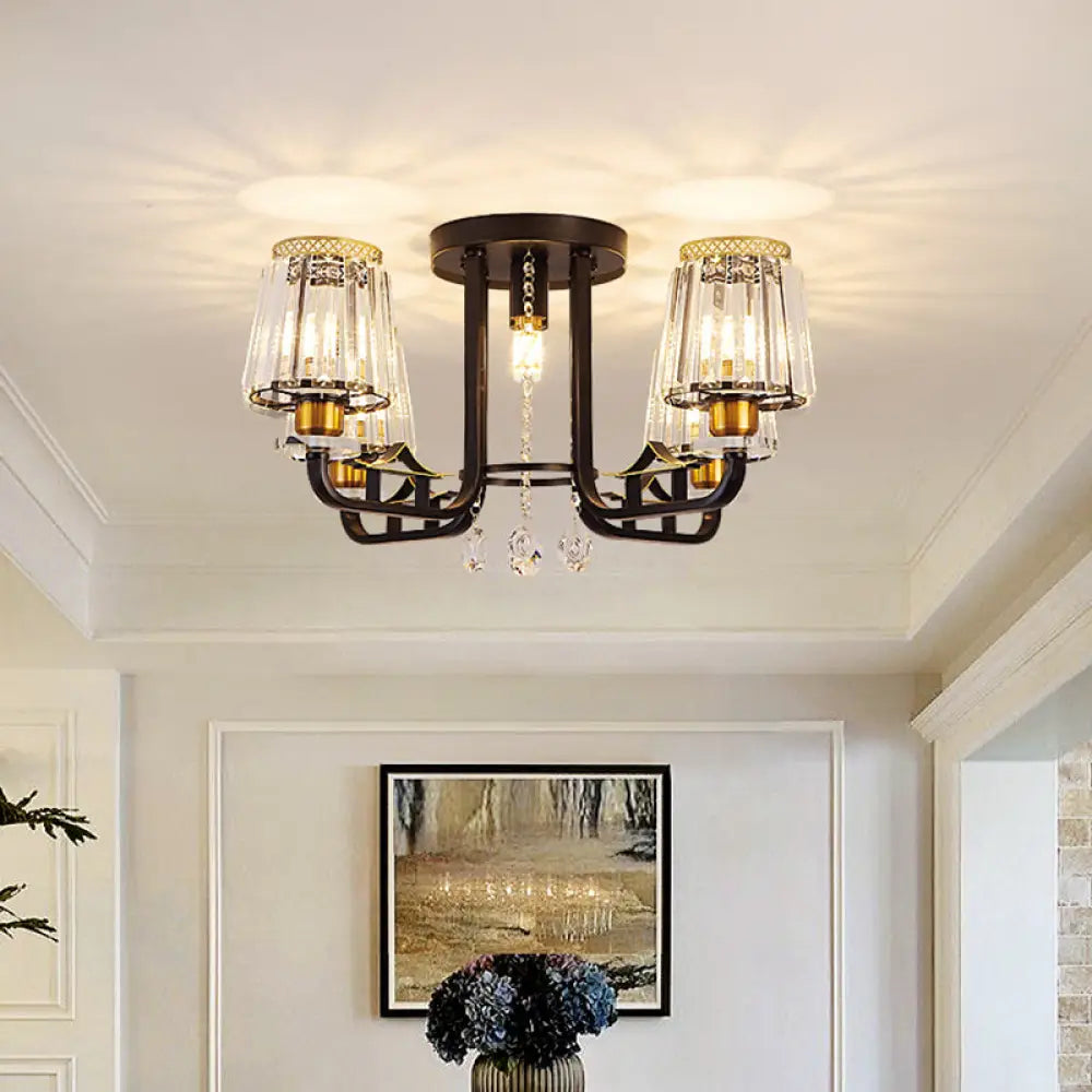 Black Crystal Tapered Semi-Flush Ceiling Light Fixture - 5-Lights Led Traditional Chandelier