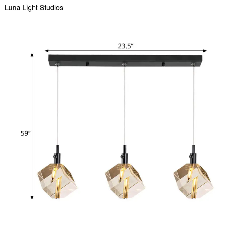 Black Cube Pendant Light With Simple 3-Light Design Clear Crystal Glass And Multiple Hanging Options