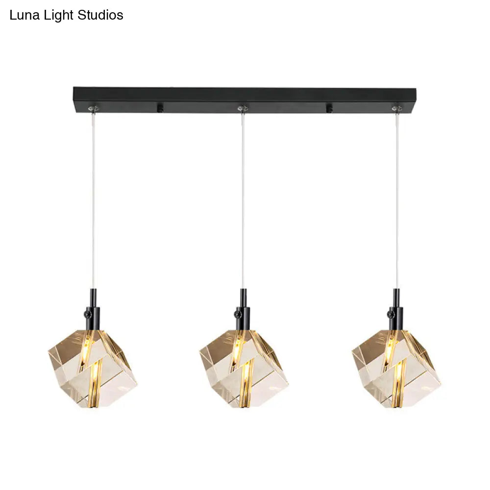 Black Cube Pendant Light With Simple 3-Light Design Clear Crystal Glass And Multiple Hanging Options