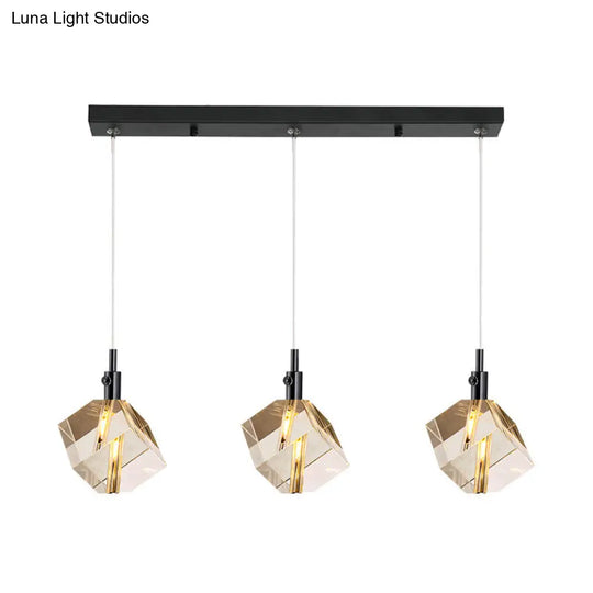 Black Cube Pendant Light With Simple 3-Light Design Clear Crystal Glass And Multiple Hanging Options