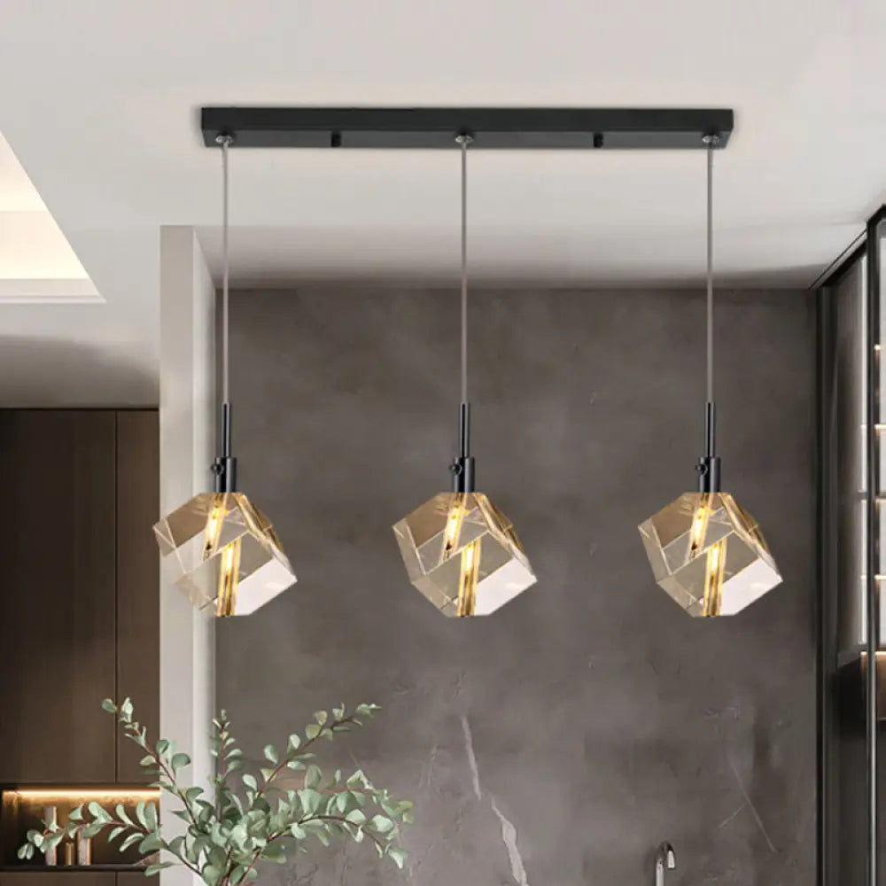 Black Cube Pendant Light With Clear Crystal Glass – 3-Light Simple And Stylish