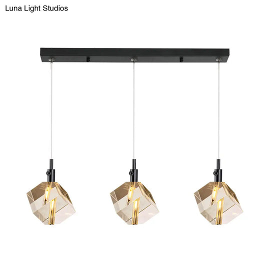 Black Cube Pendant Light With Clear Crystal Glass – 3-Light Simple And Stylish