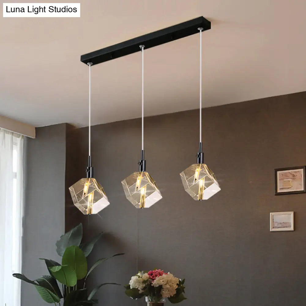 Black Cube Pendant Light With Simple 3-Light Design Clear Crystal Glass And Multiple Hanging Options