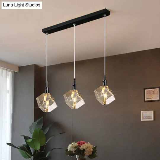 Black Cube Pendant Light With Simple 3-Light Design Clear Crystal Glass And Multiple Hanging Options