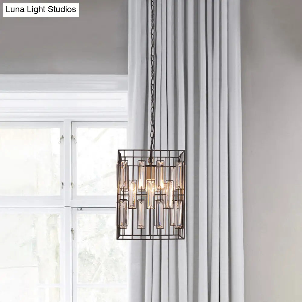Modern Black Cuboid Pendant Lamp - 1 Bulb Metallic Ceiling Light With Crystal Icicle Accent