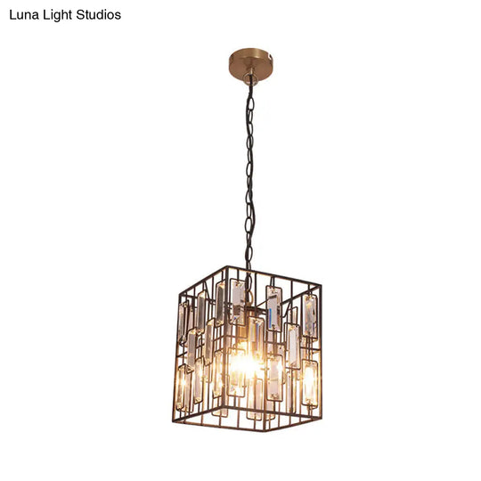 Modern Black Cuboid Pendant Lamp - 1 Bulb Metallic Ceiling Light With Crystal Icicle Accent