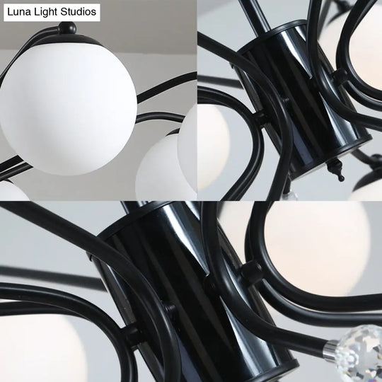 Black Curved Arm Chandelier With White Glass Ball Modern Hanging Ceiling Light (3/5/9 Lights)