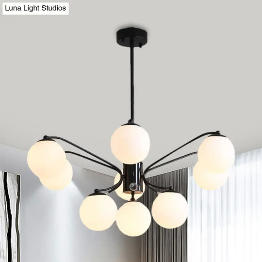 Black Curved Arm Chandelier With White Glass Ball Modern Hanging Ceiling Light (3/5/9 Lights)