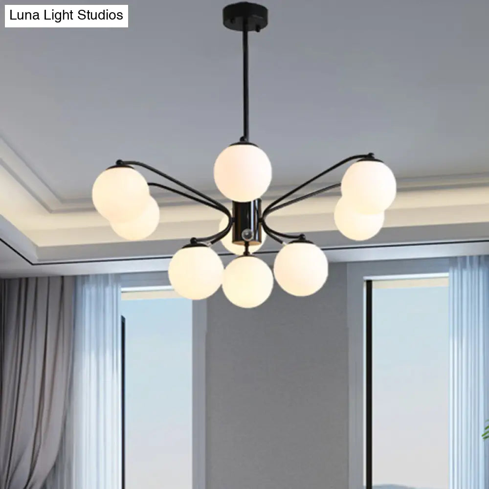 Black Curved Arm Chandelier With White Glass Ball Modern Hanging Ceiling Light (3/5/9 Lights)