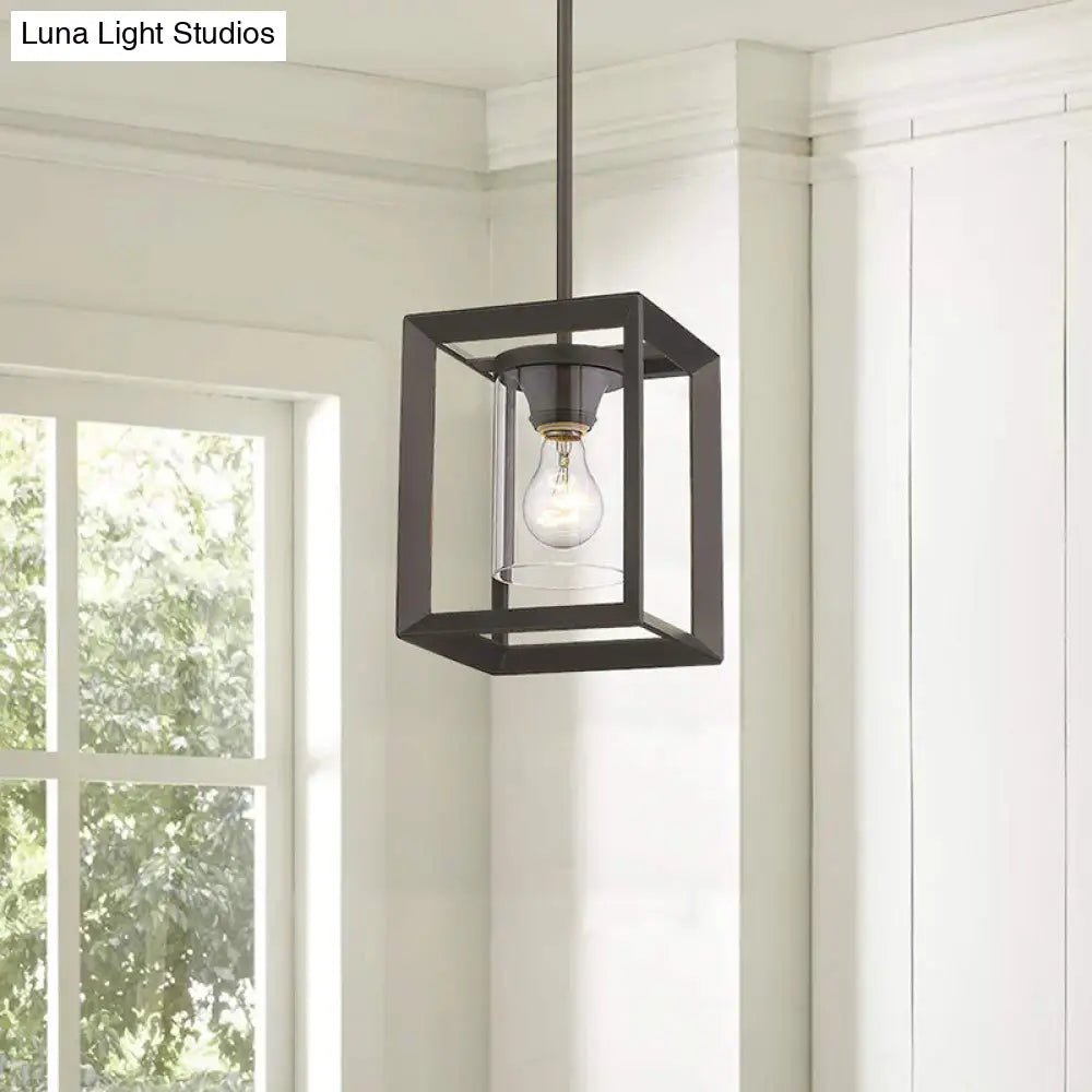 Black Cylinder Glass Pendant Light With Square Frame