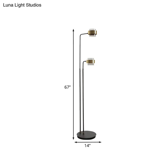 Black Cylinder Led Floor Reading Lamp With Clear Glass Shade - Nordic Style For Living Room