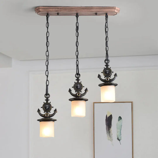 Black Cylinder Suspension Lamp: Creative 3-Light Pendant With Opaque Glass Anchor Chain Linear/Round