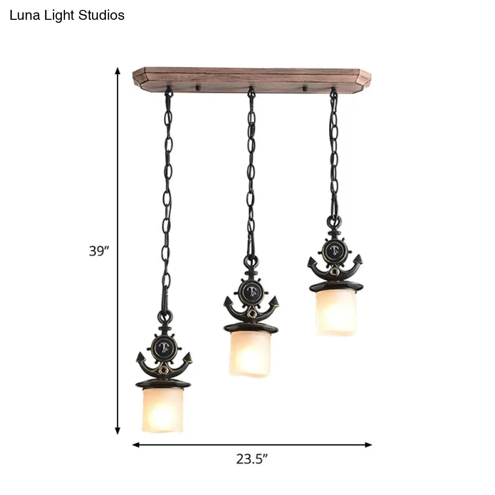 Black Cylinder Suspension Lamp: Creative 3-Light Pendant With Opaque Glass Anchor Chain Linear/Round