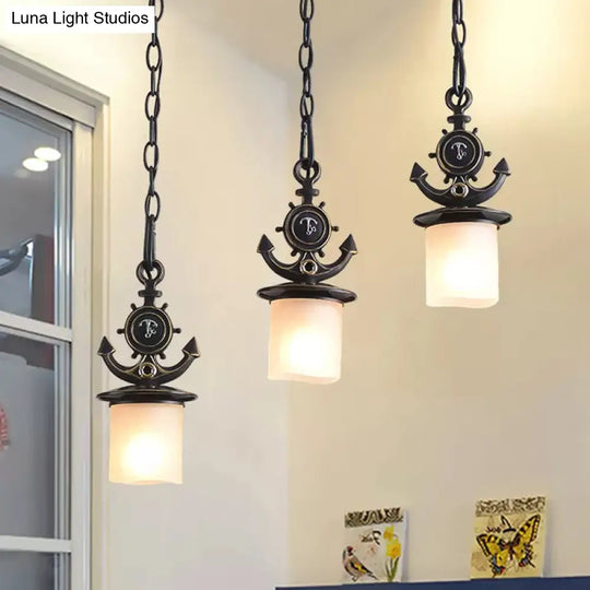 Black Cylinder Suspension Lamp: Creative 3-Light Pendant With Opaque Glass Anchor Chain Linear/Round