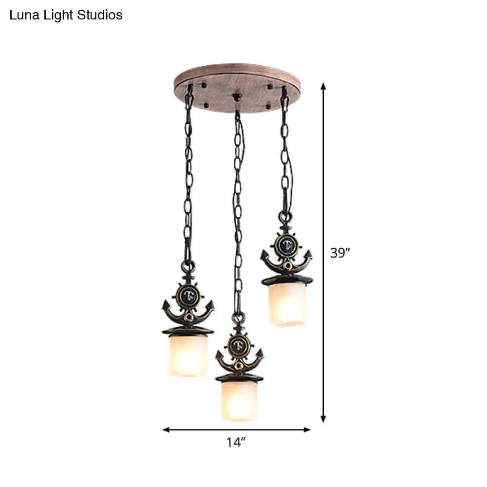 Black Cylinder Suspension Lamp: Creative 3-Light Pendant With Opaque Glass Anchor Chain Linear/Round