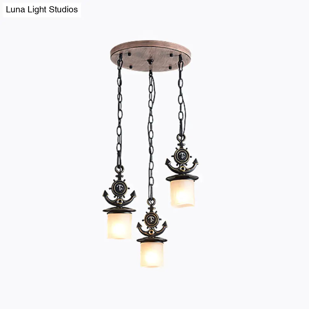 Black Cylinder Suspension Lamp: Creative 3-Light Pendant With Opaque Glass Anchor Chain Linear/Round