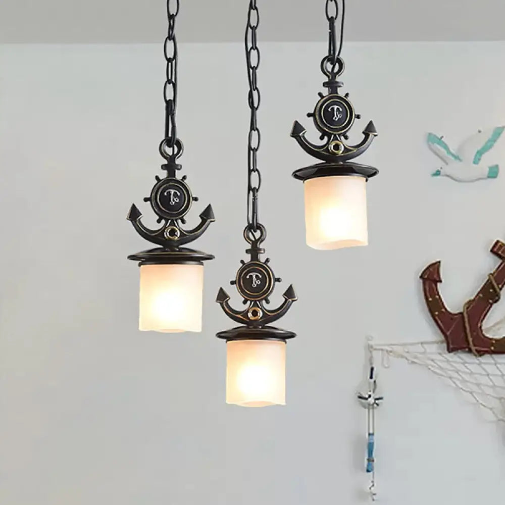 Black Cylinder Suspension Lamp: Creative 3-Light Pendant With Opaque Glass Anchor Chain Linear/Round