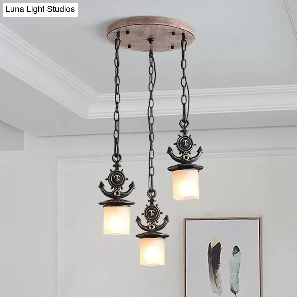 Black Cylinder Suspension Lamp: Creative 3-Light Pendant With Opaque Glass Anchor Chain Linear/Round