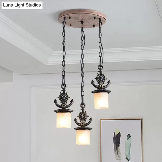 Black Cylinder Suspension Lamp: Creative 3-Light Pendant With Opaque Glass Anchor Chain Linear/Round