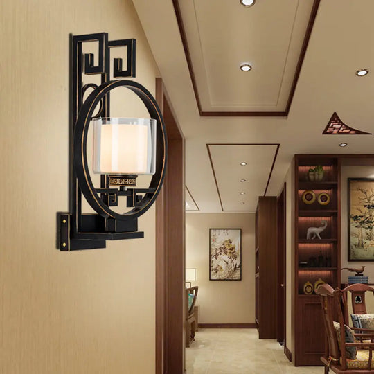 Black Cylinder Wall Light Fixture: Classic Clear Glass Sconce With Metal Circle - 1 For Corridor