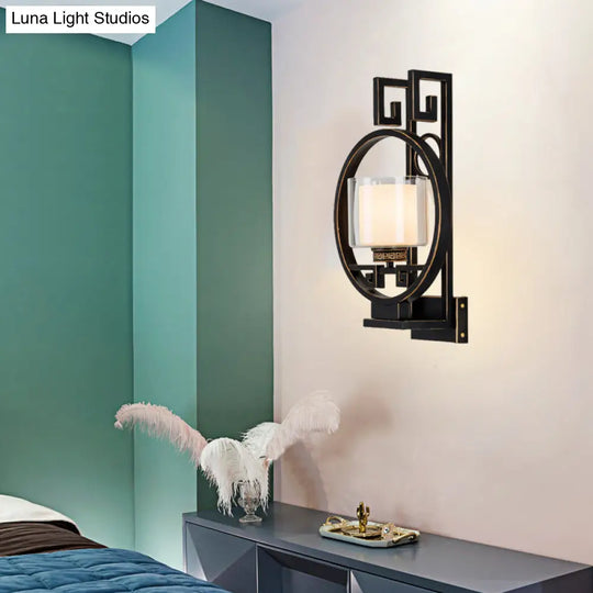 Black Cylinder Wall Light Fixture: Classic Clear Glass Sconce With Metal Circle - 1 For Corridor